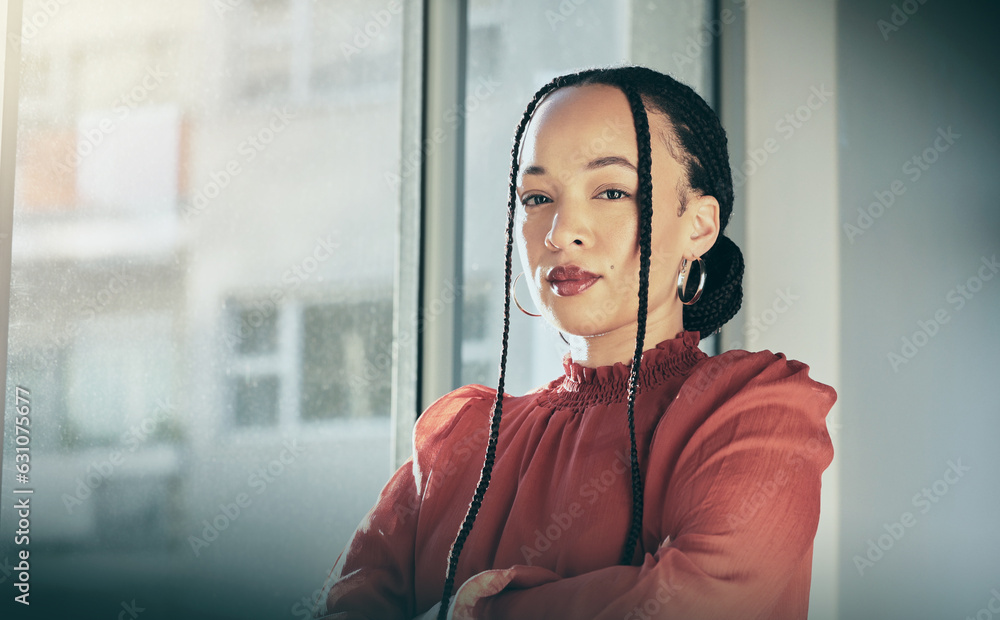 Woman, arms crossed and portrait with business and professional mindset, confidence and mockup space