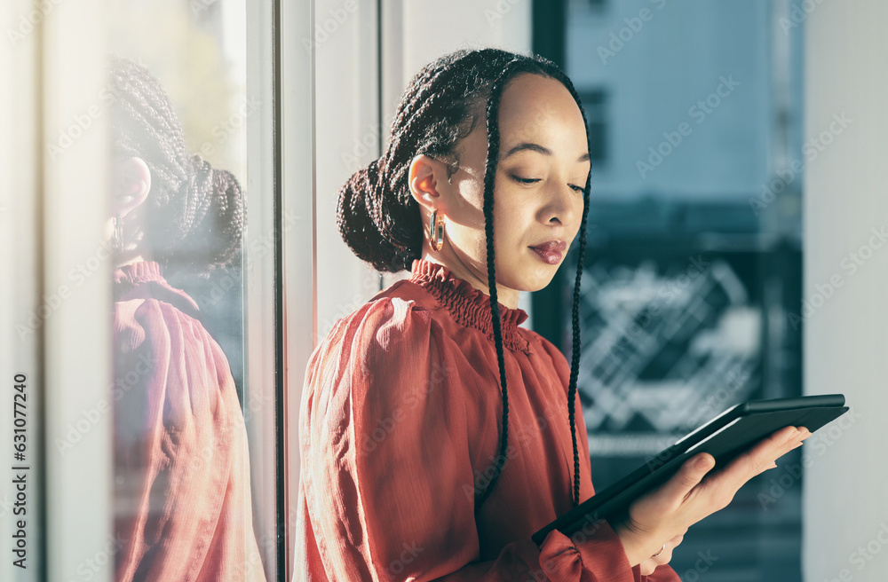 Tablet, internet and a business black woman in her office, working online for schedule or calendar p