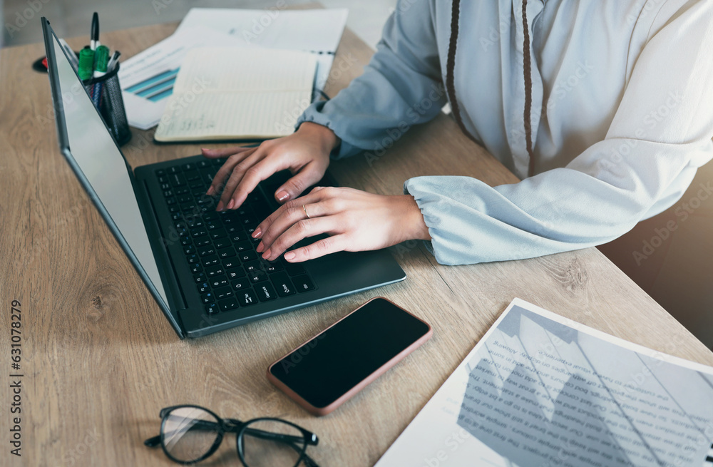 Laptop keyboard, hands and business woman typing financial budget report, accounting feedback or adm