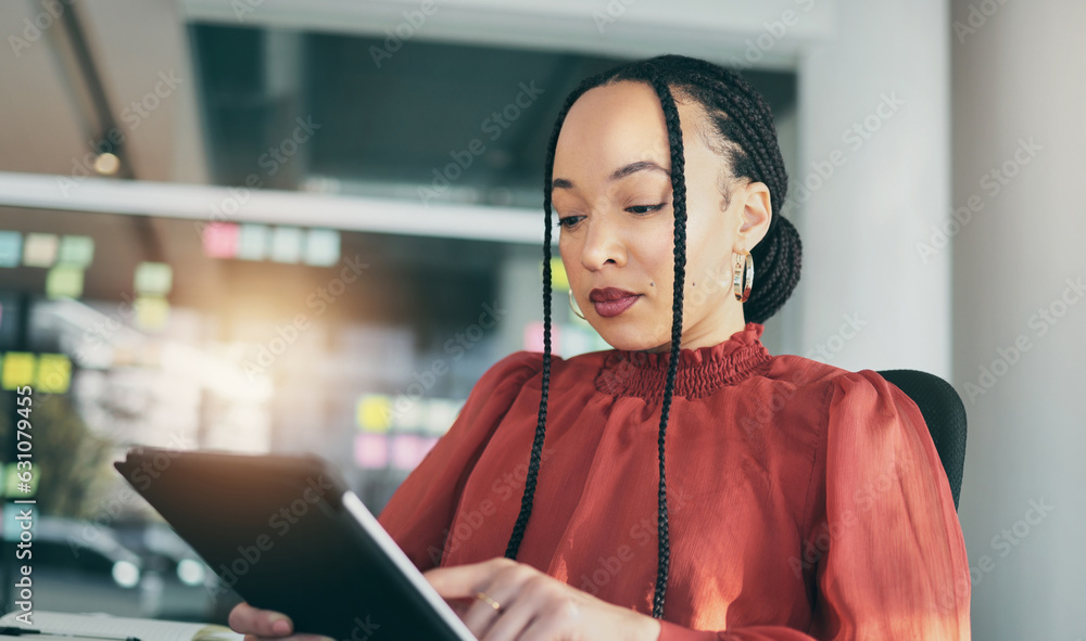 Tablet, planning and a business black woman in her office, working online while reading a schedule o