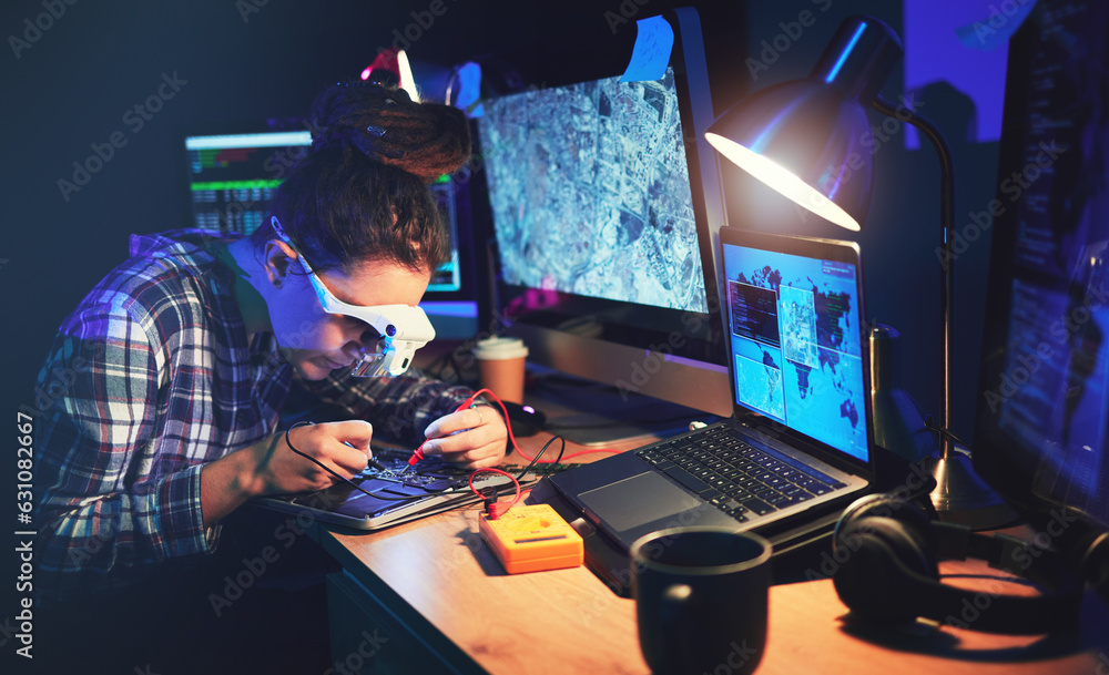 Woman, computer technician and motherboard with circuit, electronics or soldering iron with goggles 