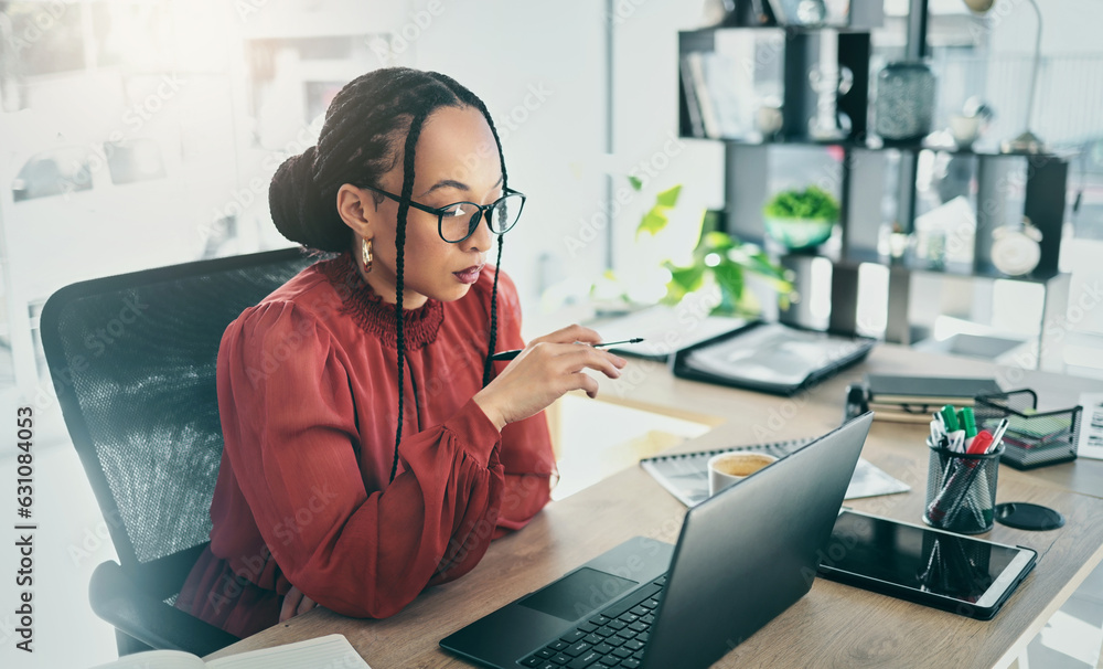 Business woman, computer and office desk for online editing, marketing research and planning. Profes