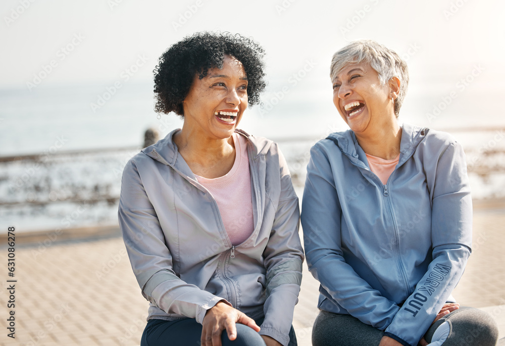 Senior women, laughing and beach with friends, training and sitting in summer outdoor. Exercise, bre