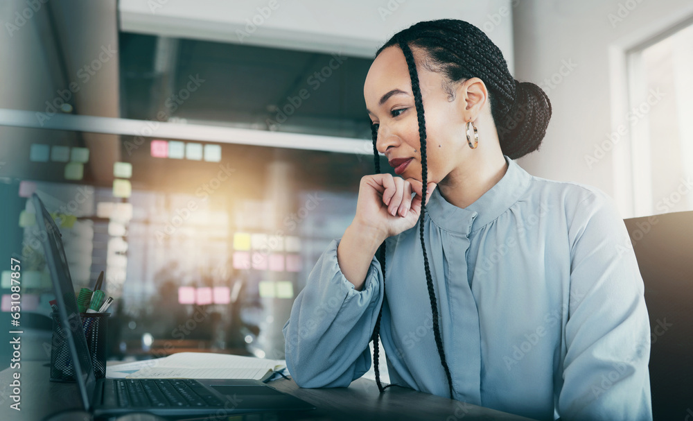 Woman on laptop, reading email and research on website, social media and sticky note ideas on moodbo