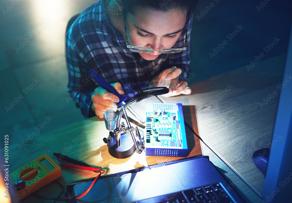 Woman, technician and motherboard with microchip, electronics or soldering iron in top view at labor