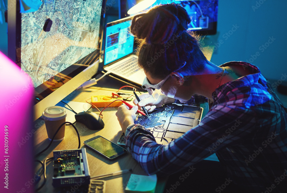 Woman, electronics technician and motherboard with soldering iron for microchip repair. Information 