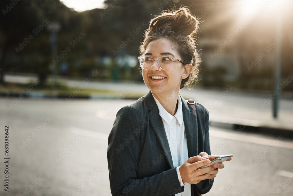 Thinking, city and woman with a cellphone, employee and travel with social media, opportunity and em