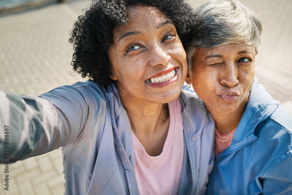 Senior selfie, funny and women on the sidewalk for a memory, family together or quality time. Smile,