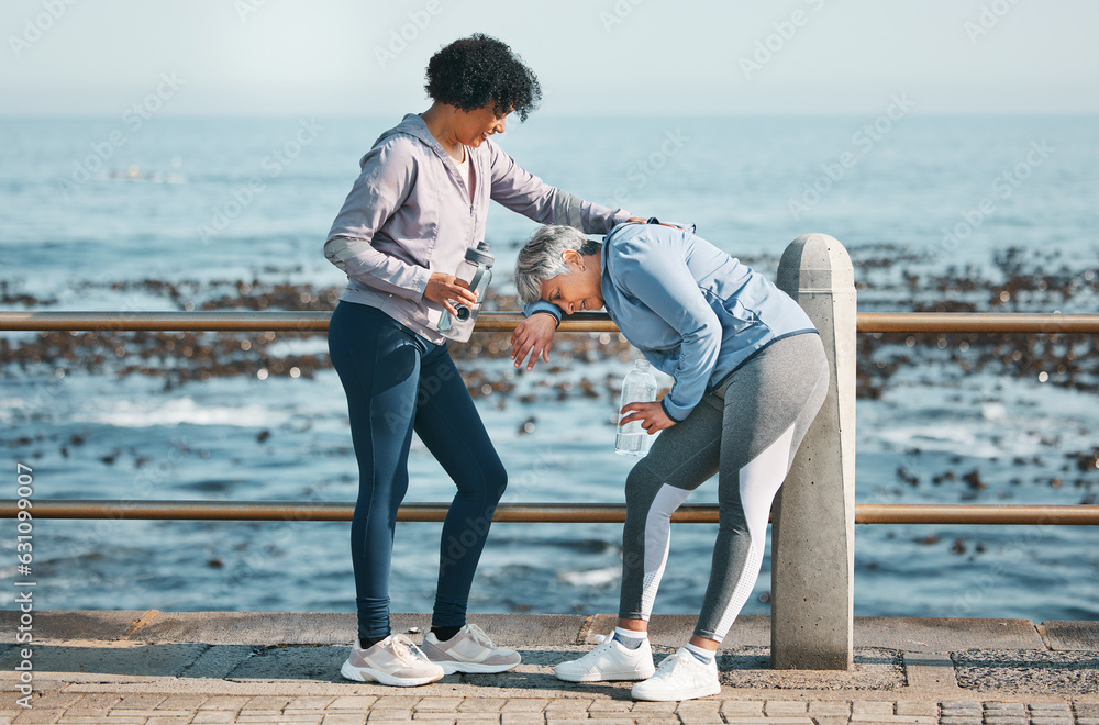 Tired, running and senior friends by the ocean for fitness, exercise and workout. Runner, mature peo