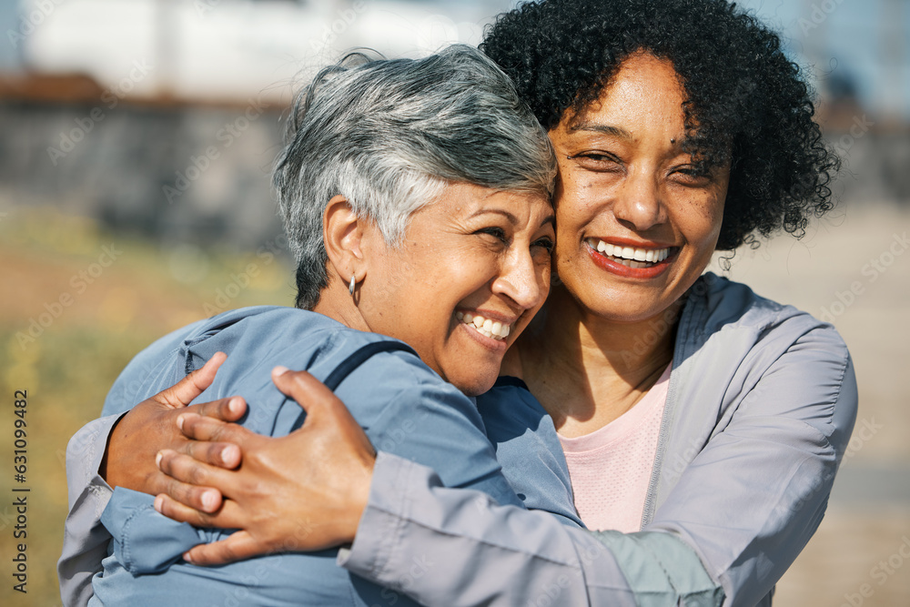 Senior women, workout hug and smile closeup with fitness and exercise outdoor for health. Elderly pe