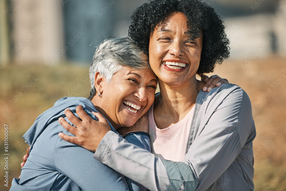 Senior women, hug and laugh closeup with fitness and exercise outdoor for health. Elderly people, sp