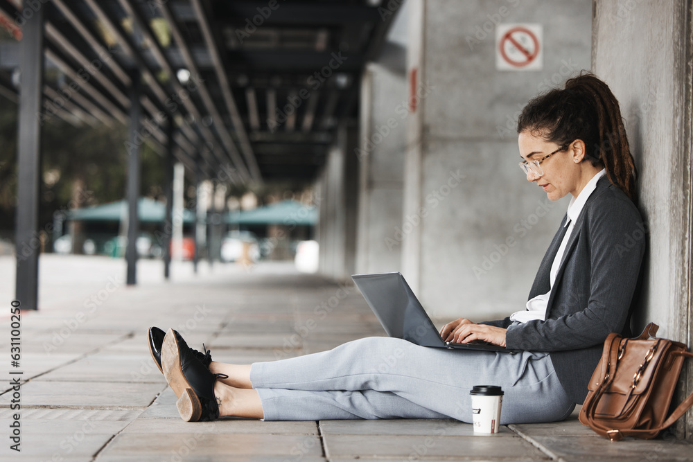 Typing, laptop and woman on a coffee break in the city or employee on social media, job search or on