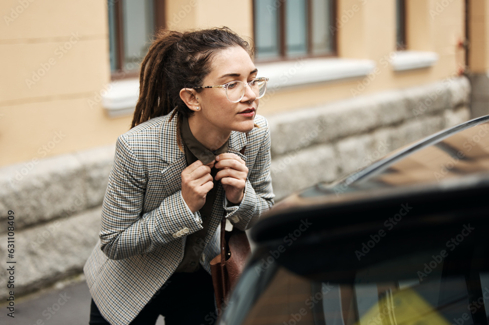 Interview, business and a woman getting ready in the city with a reflection in the car window. Hirin