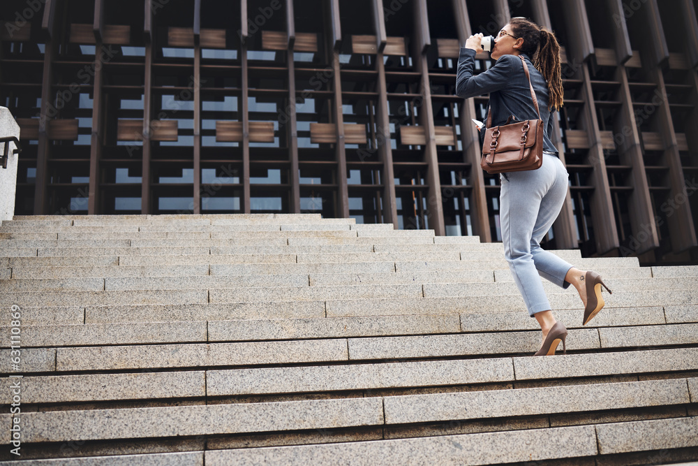 Business woman, stairs and coffee break in city with work commute, drinking and worker. Urban town, 