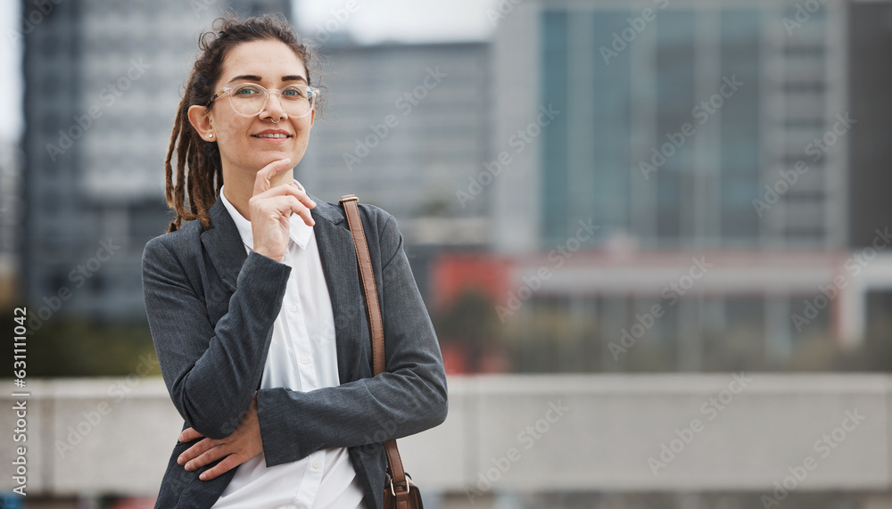 Business woman, portrait and gen z outdoor with a smile and creative job pride. City, mockup up spac