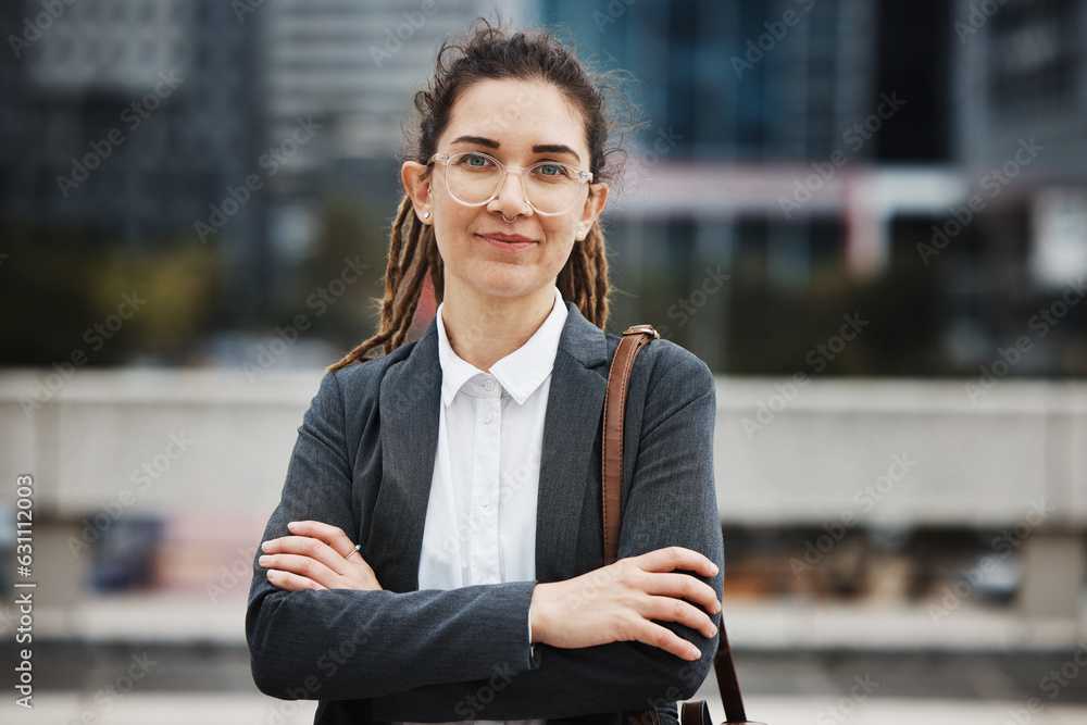 Business woman, professional portrait and arms crossed outdoor with a career and creative job pride.