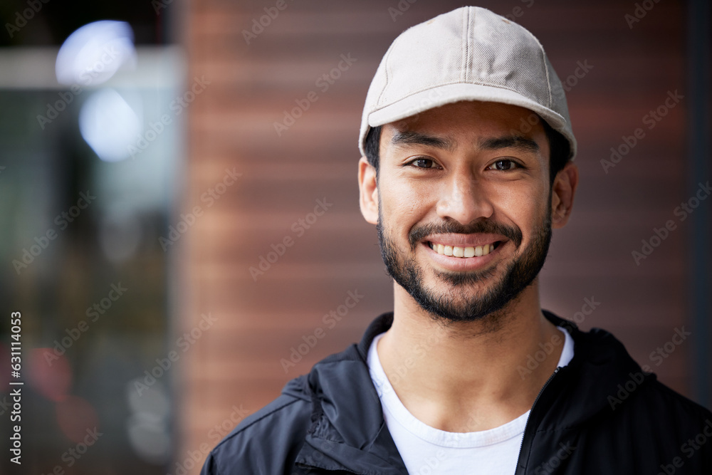 Courier man, outdoor headshot and portrait for service, delivery or smile for supply chain job. Youn