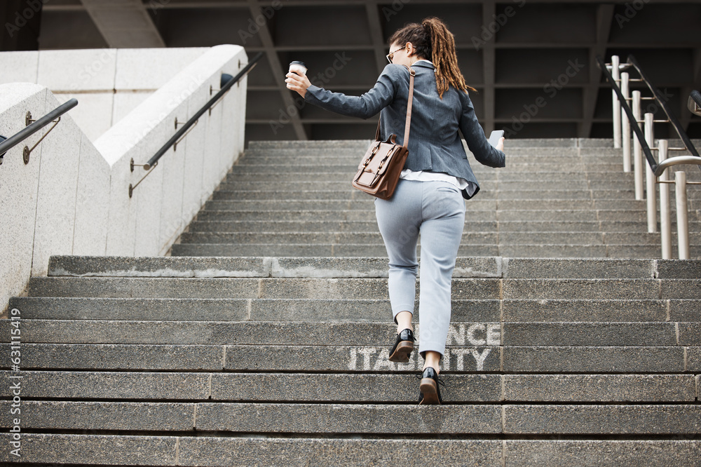 Business woman, stairs and coffee break outdoor with work progress and worker in the city. Urban tow