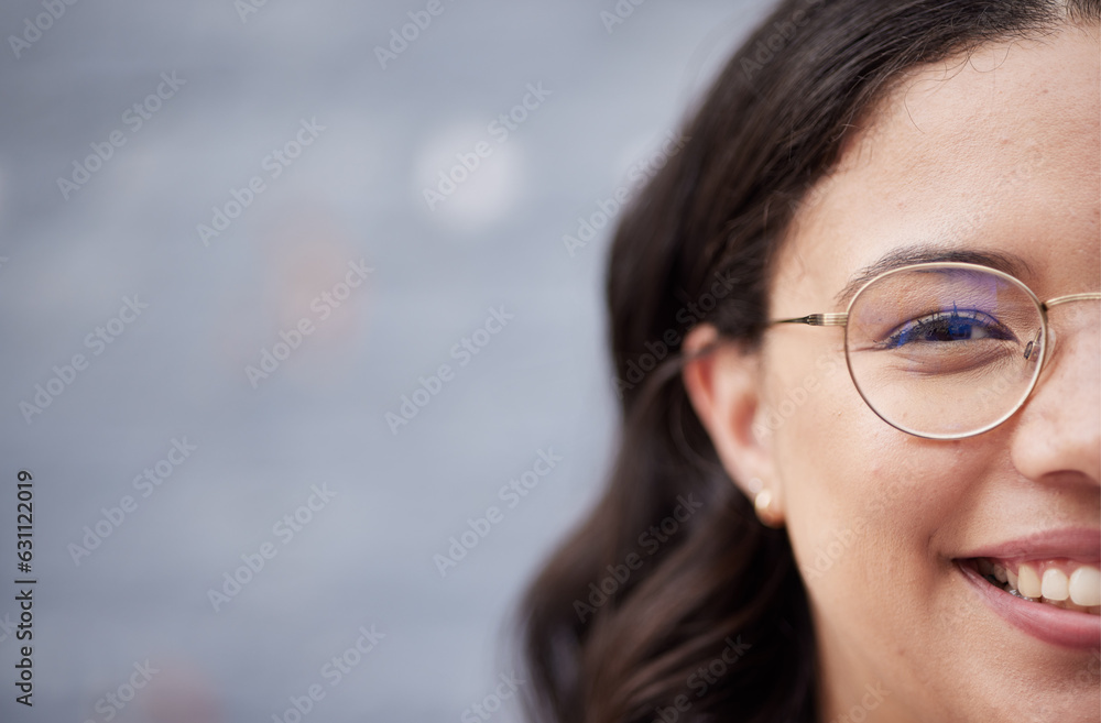 Smile, mockup and face of woman student happy for academic campus, college and university feeling co