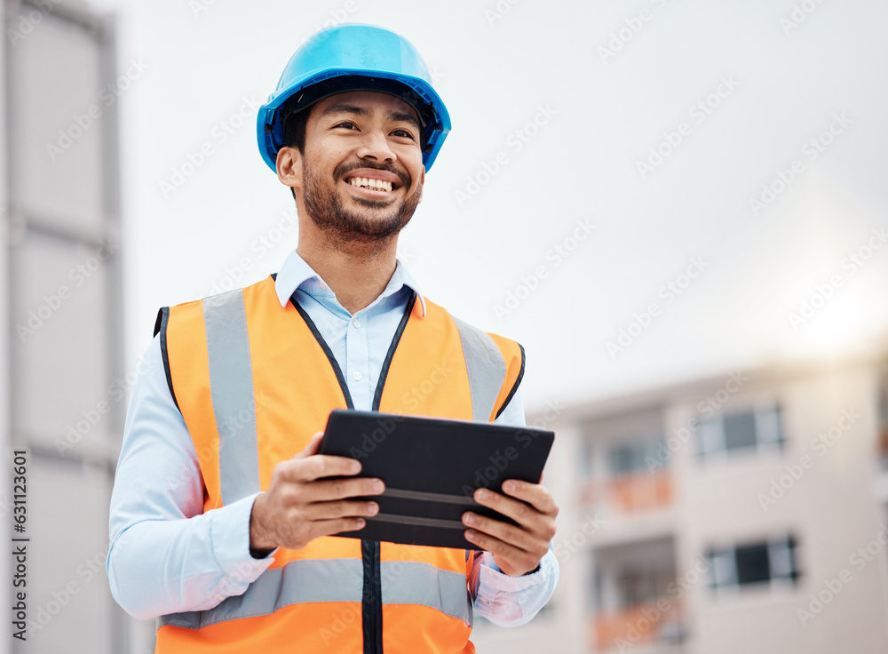 Construction worker, tablet and man builder with research and digital data for building installation