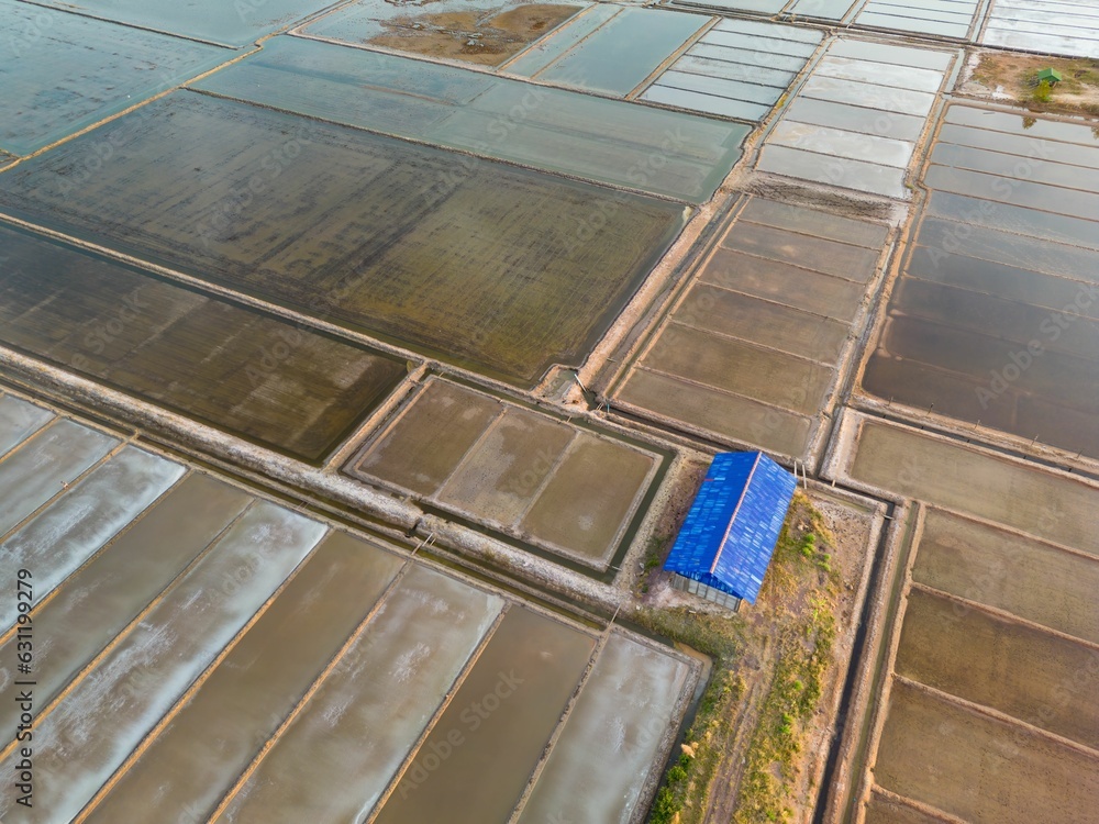 Aerial shot of the Salt Fields in the daylight in Kampot, Cambodia