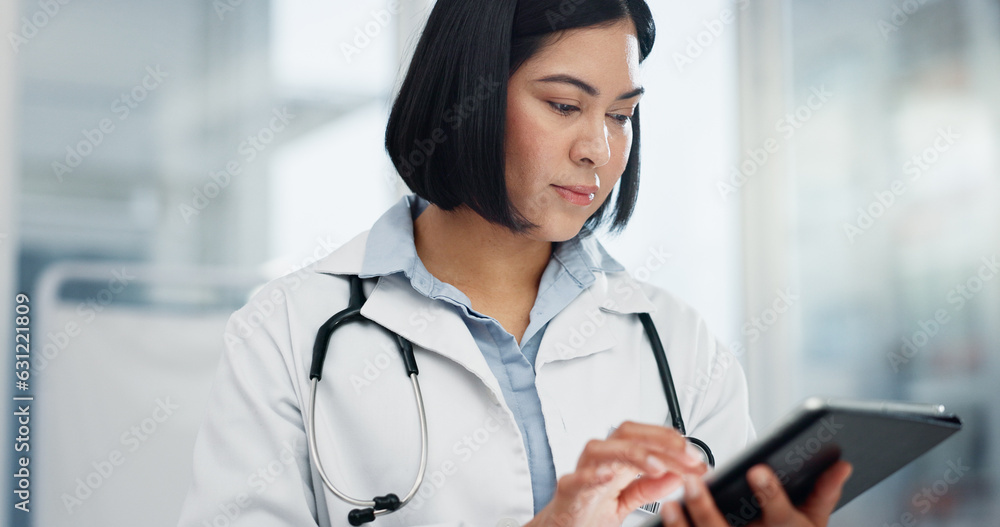 Woman, doctor and tablet for healthcare search, typing and clinic or hospital software, telehealth o