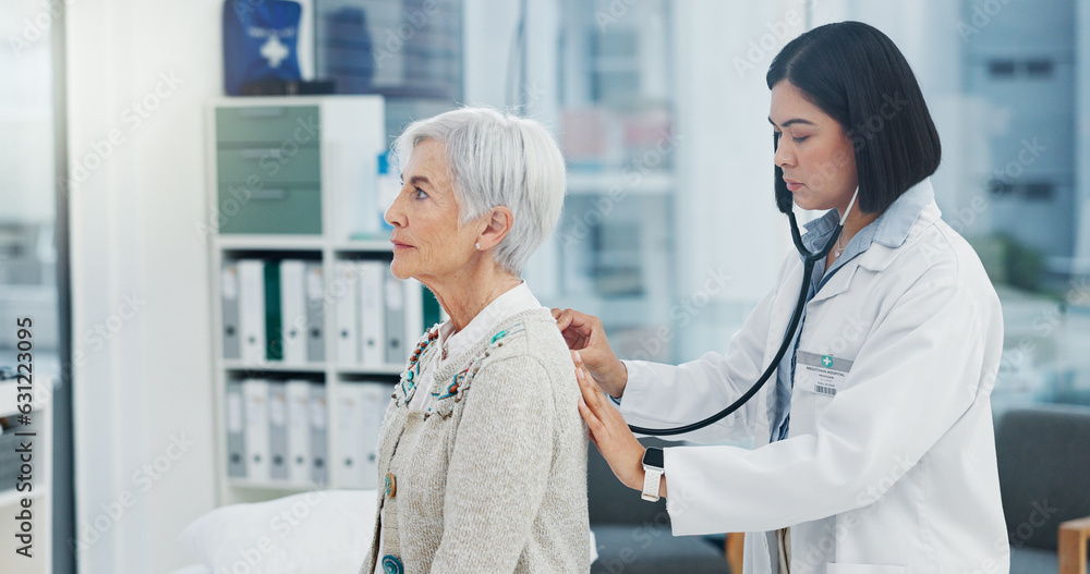 Elderly woman, doctor and stethoscope on back to listen to lungs for breathing problem. Senior, medi