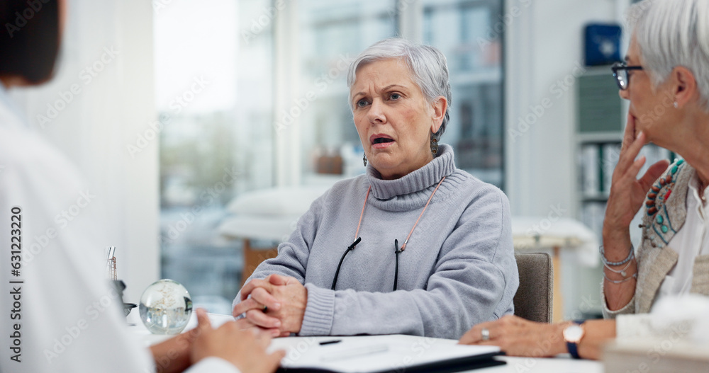 Healthcare, cancer or bad news with a senior woman and friend talking to a doctor in the hospital. M