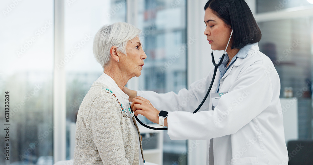 Doctor, stethoscope and senior woman for cardiology exam, healthcare service and healthcare support 