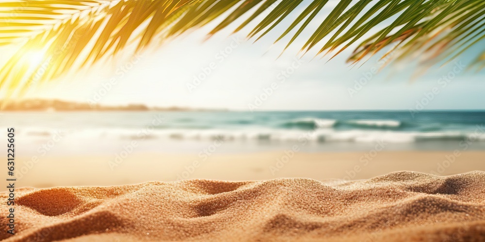 Beautiful background for summer vacation and travel. Golden sand of tropical beach, blurry palm leav