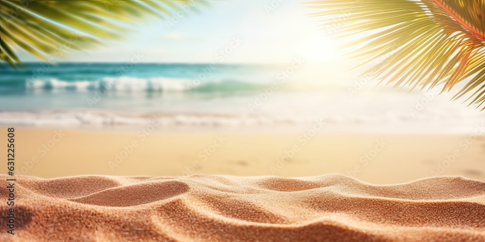 Beautiful background for summer vacation and travel. Golden sand of tropical beach, blurry palm leav