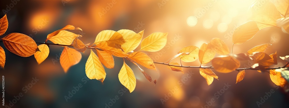 Beautiful blurred autumn background with yellow-gold leaves in the rays of sunlight on a dark natura