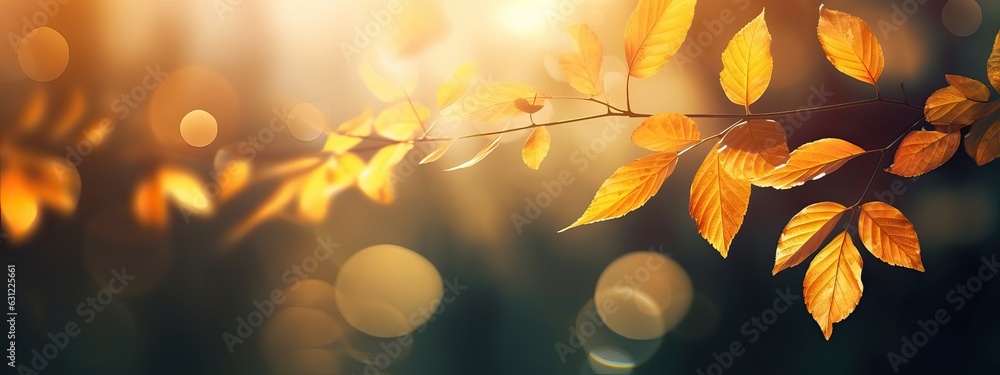 Beautiful blurred autumn background with yellow-gold leaves in the rays of sunlight on a dark natura