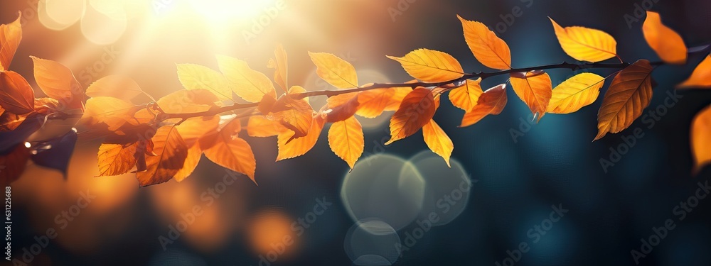 Beautiful blurred autumn background with yellow-gold leaves in the rays of sunlight on a dark natura