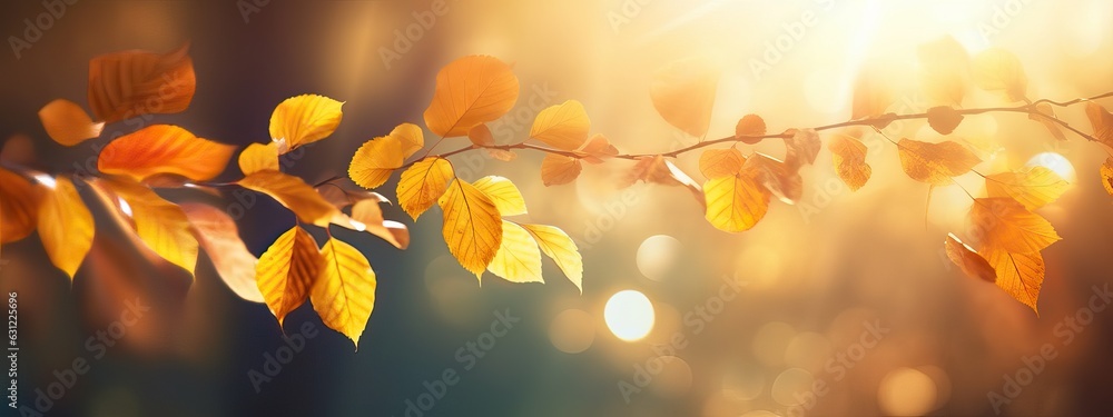 Beautiful blurred autumn background with yellow-gold leaves in the rays of sunlight on a dark natura