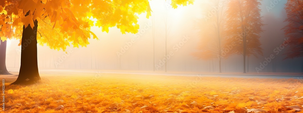 Beautiful bright colorful autumn landscape with a carpet of yellow leaves and a light slight haze mi