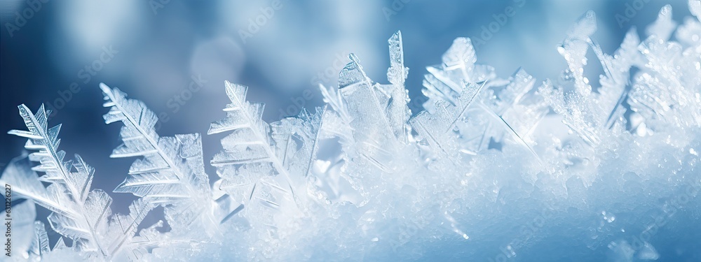 Beautiful crystals of hoarfrost close-up macro on a natural atmospheric blue background. Winter snow