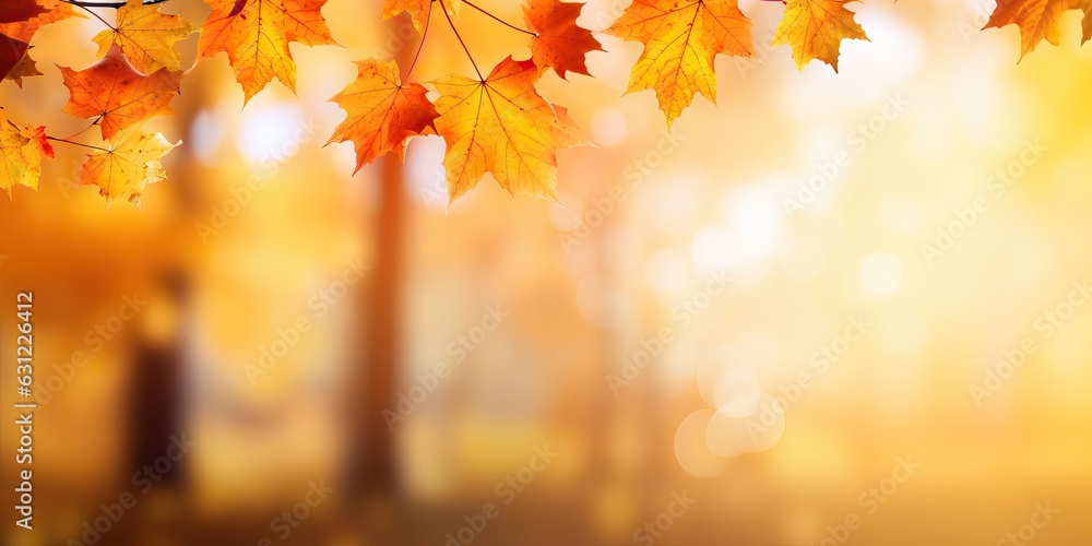 Beautiful orange and golden autumn maple leaves against a blurry park in sunlight with beautiful bok