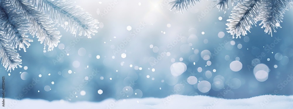 Beautiful winter background image of frosted spruce branches and small drifts of pure snow with boke