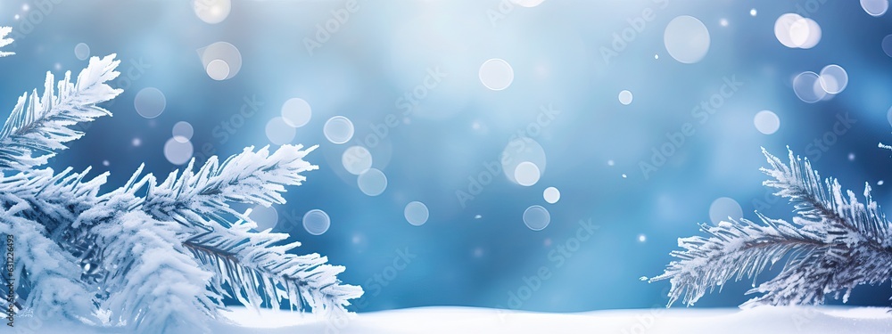 Beautiful winter background image of frosted spruce branches and small drifts of pure snow with boke