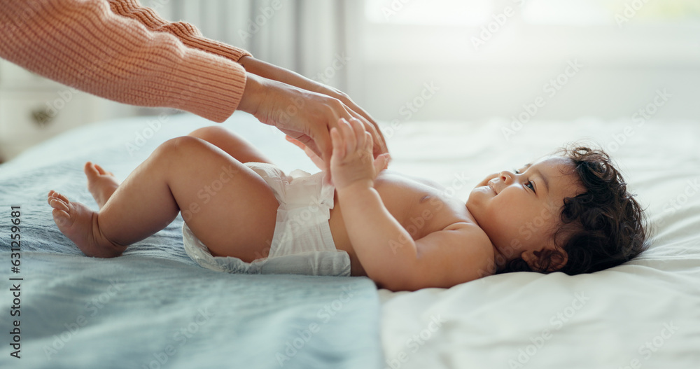 Relax, love and mother with baby on bed for playful, happy and free time. Happiness, care and health