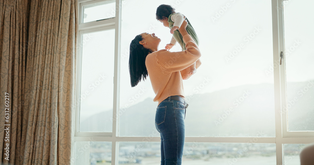 Love, happy and mother with baby in bedroom for playful, relax and free time. Happiness, smile and h