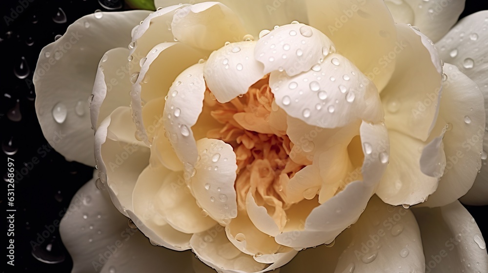 White Peony flowers with water drops background. Closeup of blossom with glistening droplets. Genera