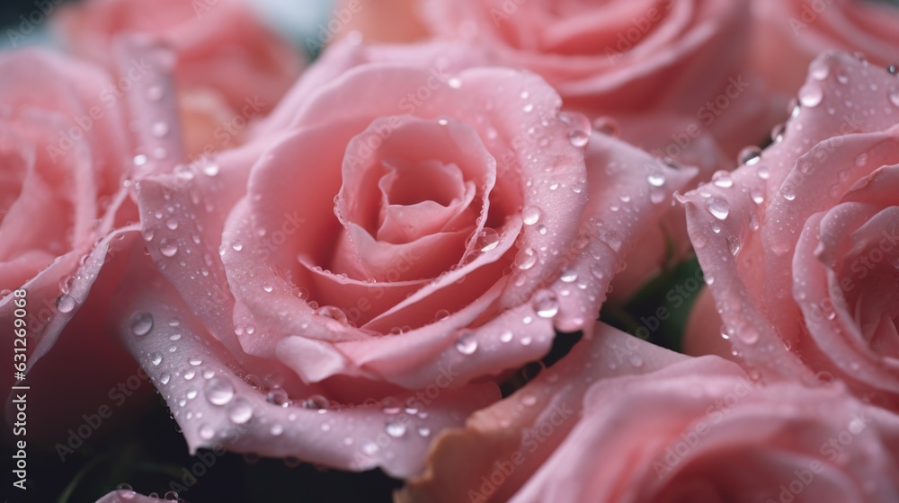 Pink Roses flowers with water drops background. Closeup of blossom with glistening droplets. Generat