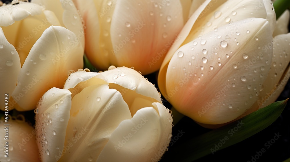 Creamy Tulips flowers with water drops background. Closeup of blossom with glistening droplets. Gene