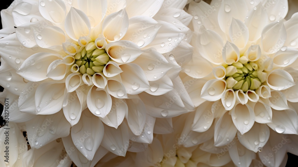 White Dahlia flowers with water drops background. Closeup of delicate blossom with glistening drople