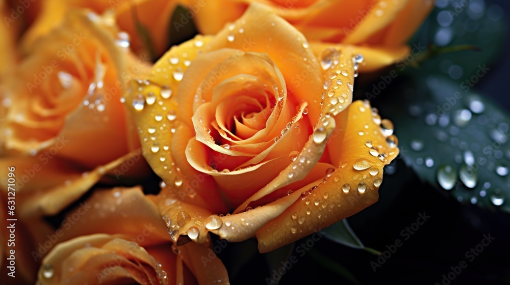 Orange Roses flowers with water drops background. Closeup of blossom with glistening droplets. Gener