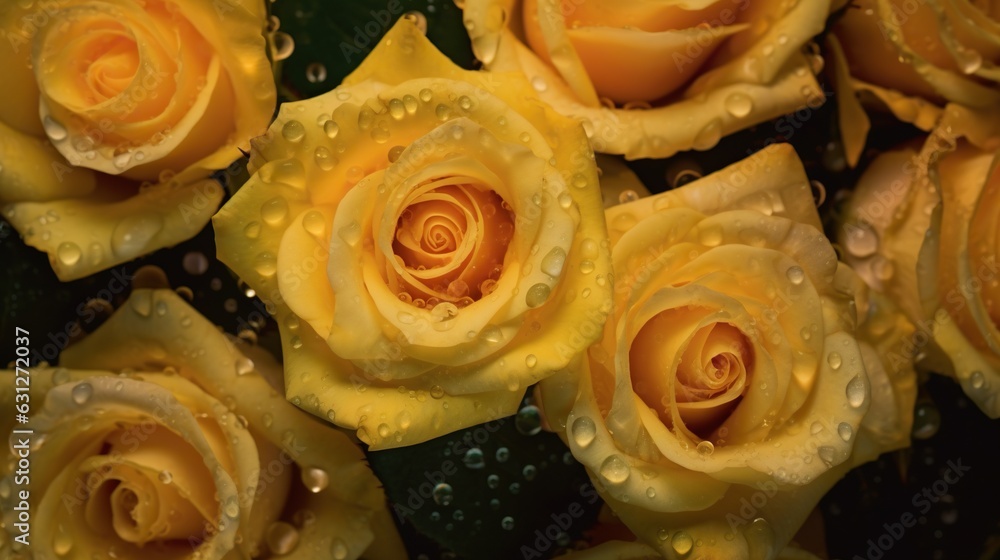 Yellow Roses flowers with water drops background. Closeup of blossom with glistening droplets. Gener