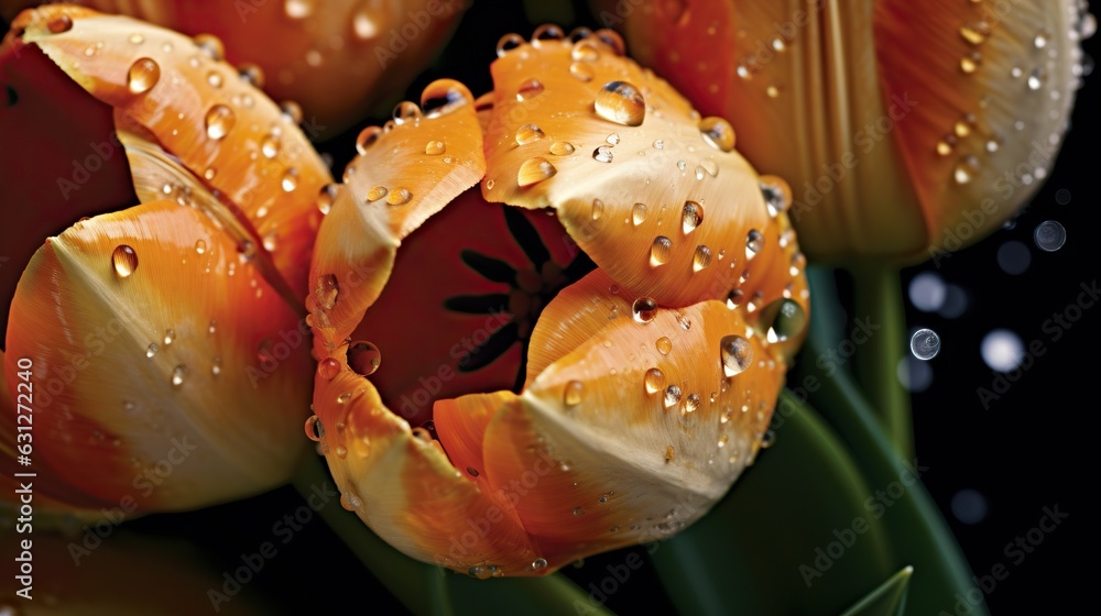 Orange Tulips flowers with water drops background. Closeup of blossom with glistening droplets. Gene