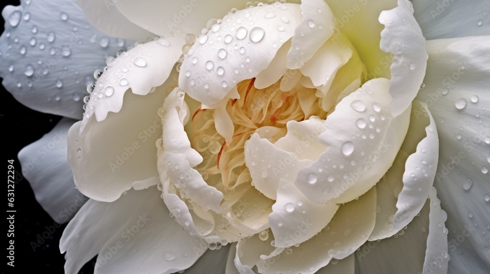 White Peony flowers with water drops background. Closeup of blossom with glistening droplets. Genera